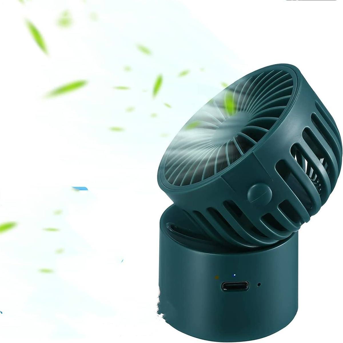 Türkisfarbener tragbarer Ventilator. Er hat einen zylindrischen Sockel und einen Ventilator mit Luftstrom.