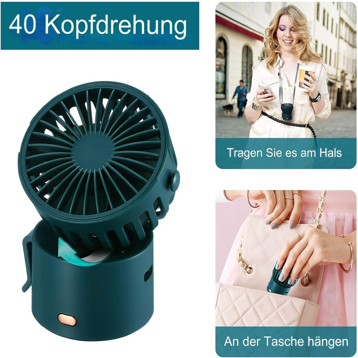 Ein tragbarer Ventilator mit Bildern, wie er um den Hals getragen und in einer Handtasche verstaut wird.