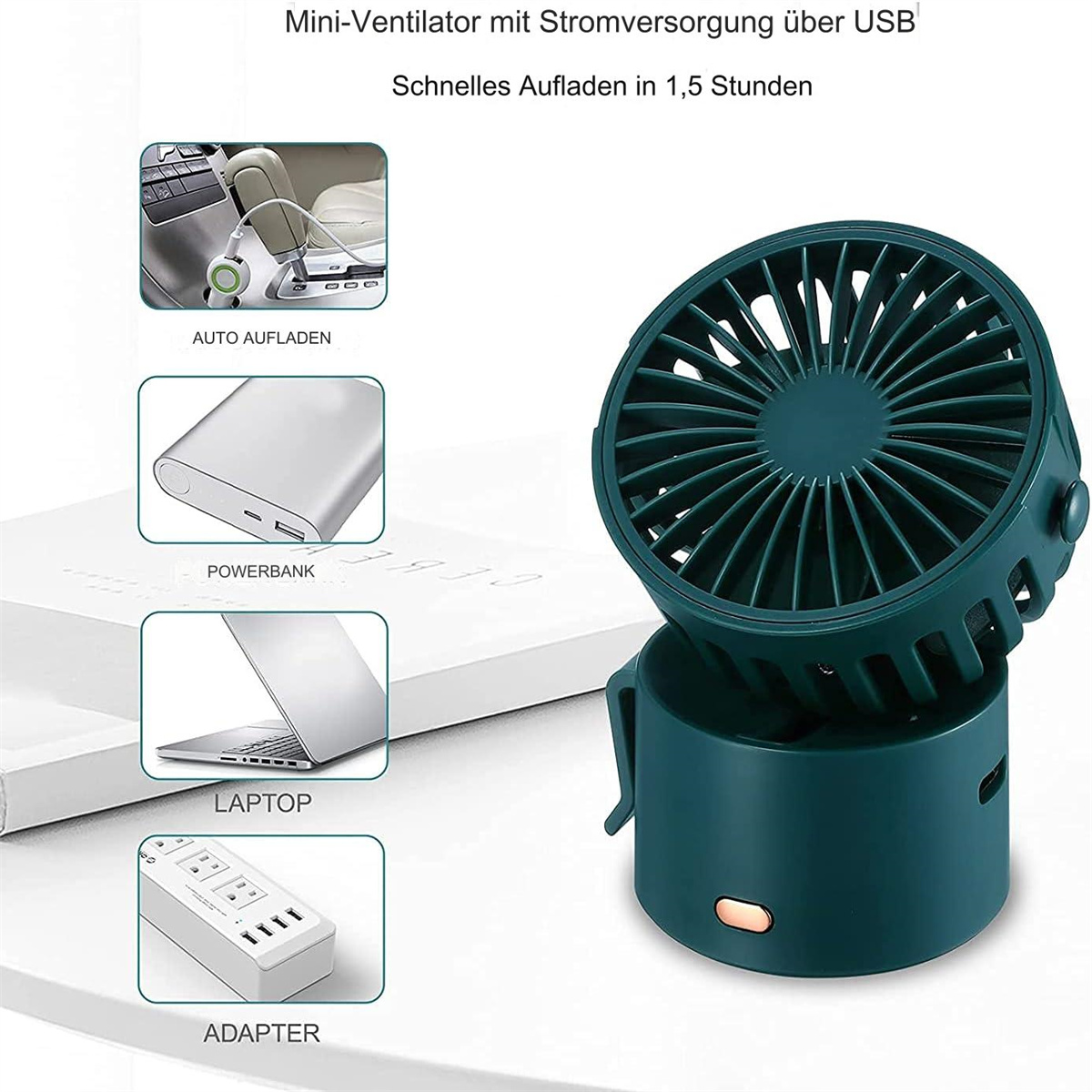 Ein türkisfarbener Mini-Ventilator mit USB-Stromversorgung, mit Bildern, die Stromquellen zeigen: Auto, Powerbank, Laptop und Adapter.
