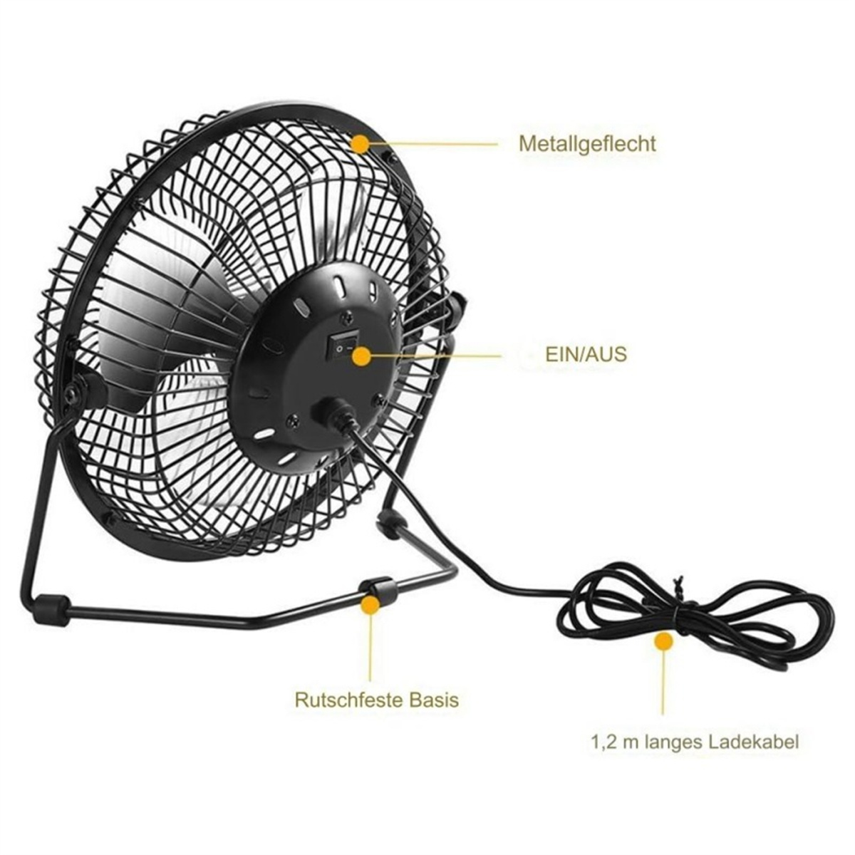 Schwarzer Tischventilator mit Metallgitter, Netzschalter und einem 1,2 m langen Kabel. Er steht auf einem stabilen Sockel.