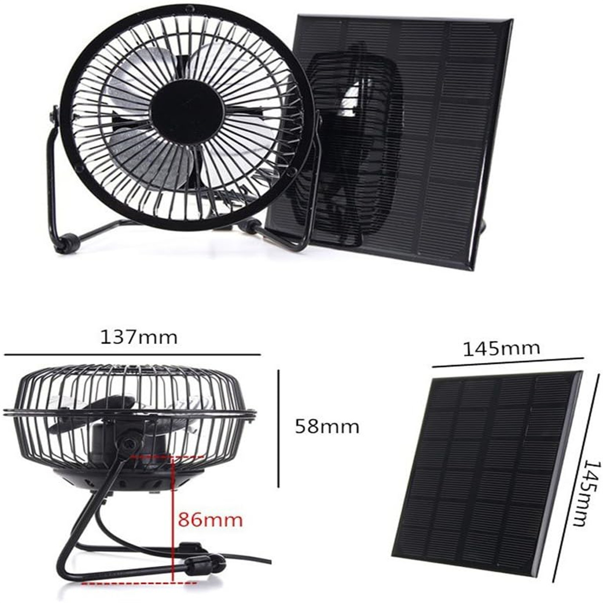 Ein schwarzer Ventilator und ein Solarpanel. Abmessungen sind angegeben. Weißer Hintergrund.