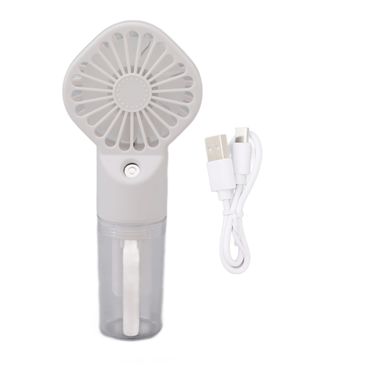 Ein weiß-grauer tragbarer Mini-Ventilator mit USB-Ladekabel und transparentem Wassertank.