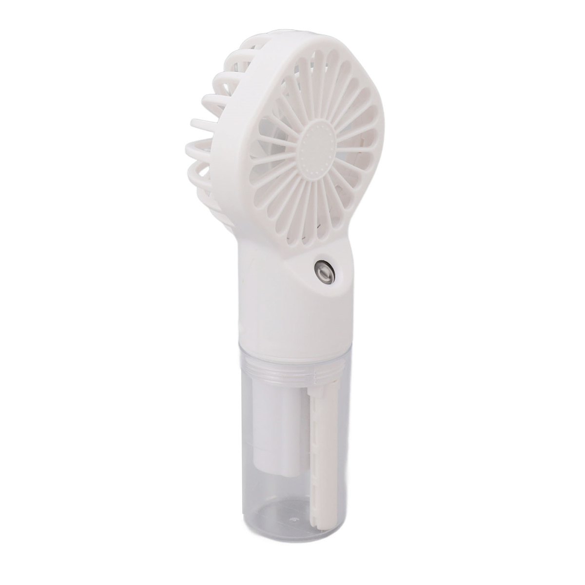 Ein weißer Handventilator mit einem Wasserreservoir. Der Ventilator hat eine Vernebelungsfunktion.