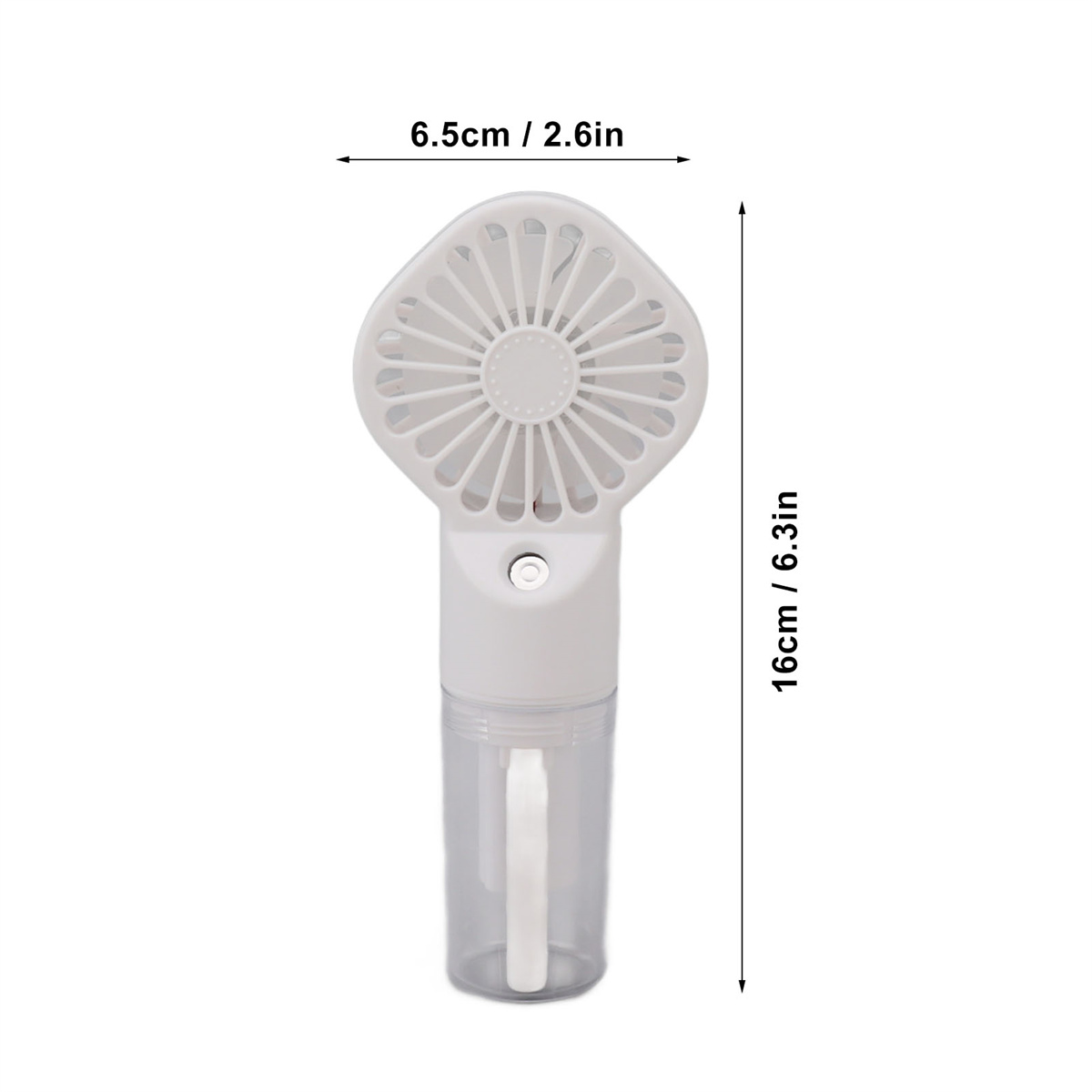 Weißer Handventilator, Sprühflaschen-Design, 16 cm hoch und 6,5 cm breit.