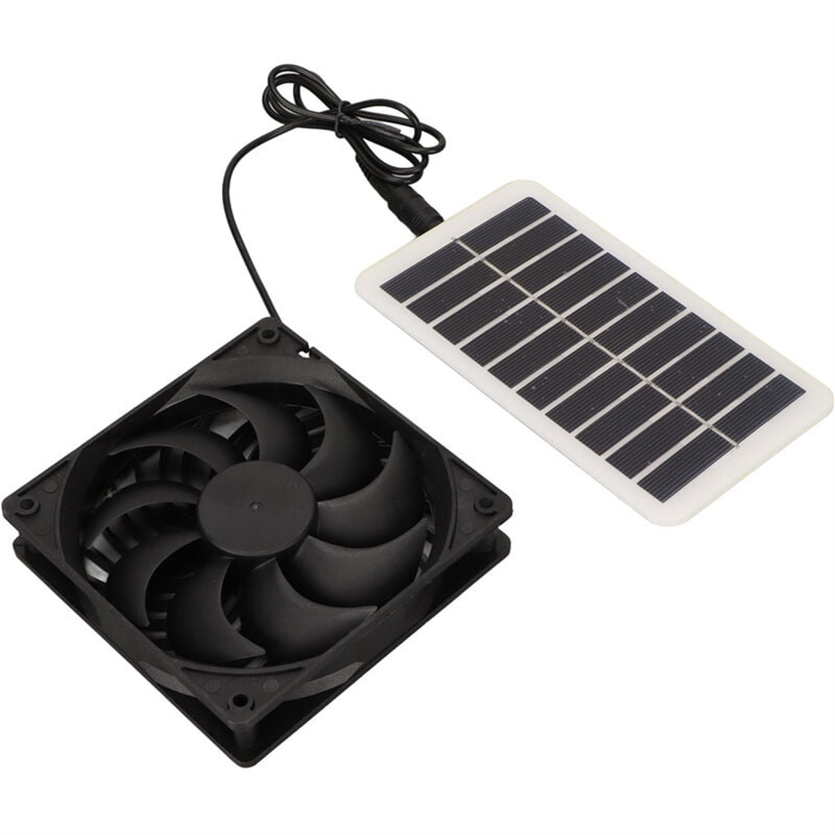 Schwarzer Ventilator mit Solarpanel. Der Ventilator hat Flügel und ist mit einem kleinen Solarpanel verbunden.