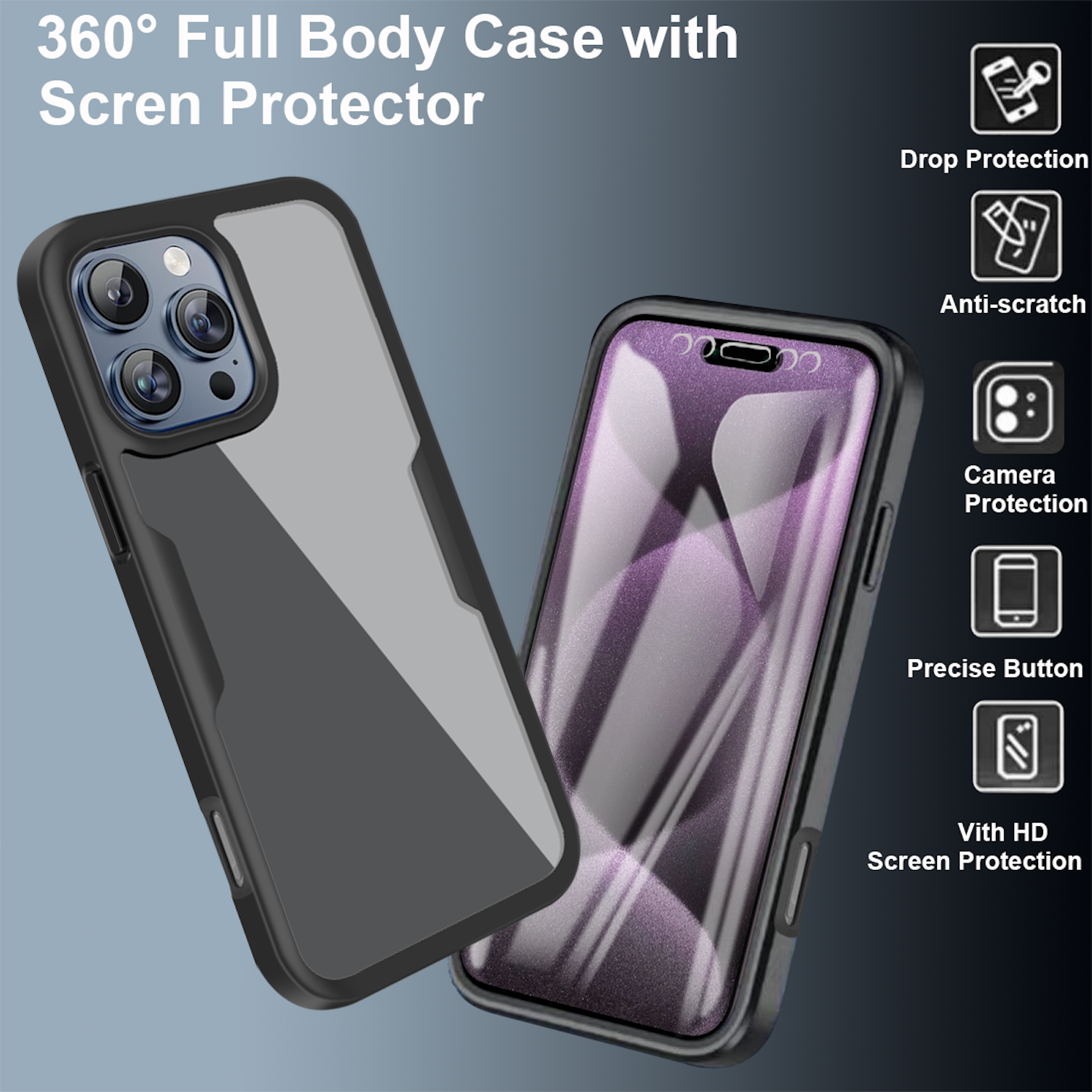 Eine Handyhülle mit Handy, grau und schwarz, mit Symbolen für Schutzfunktionen.