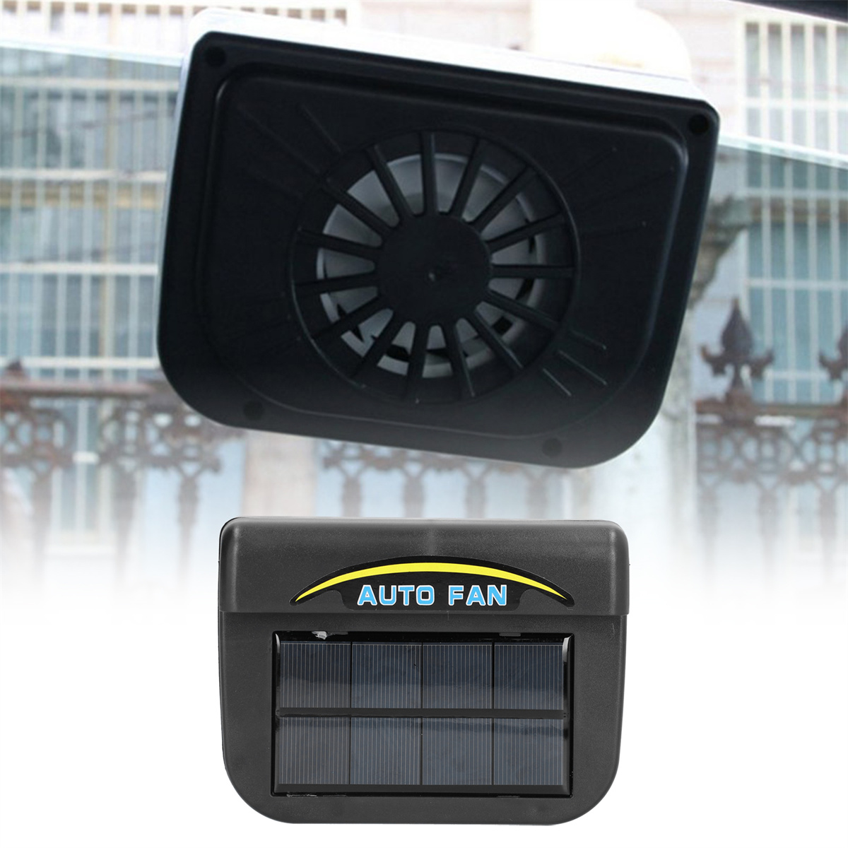 Zweiteiliges schwarzes Gerät mit Sonnenkollektoren, mit Lüfterdesign.