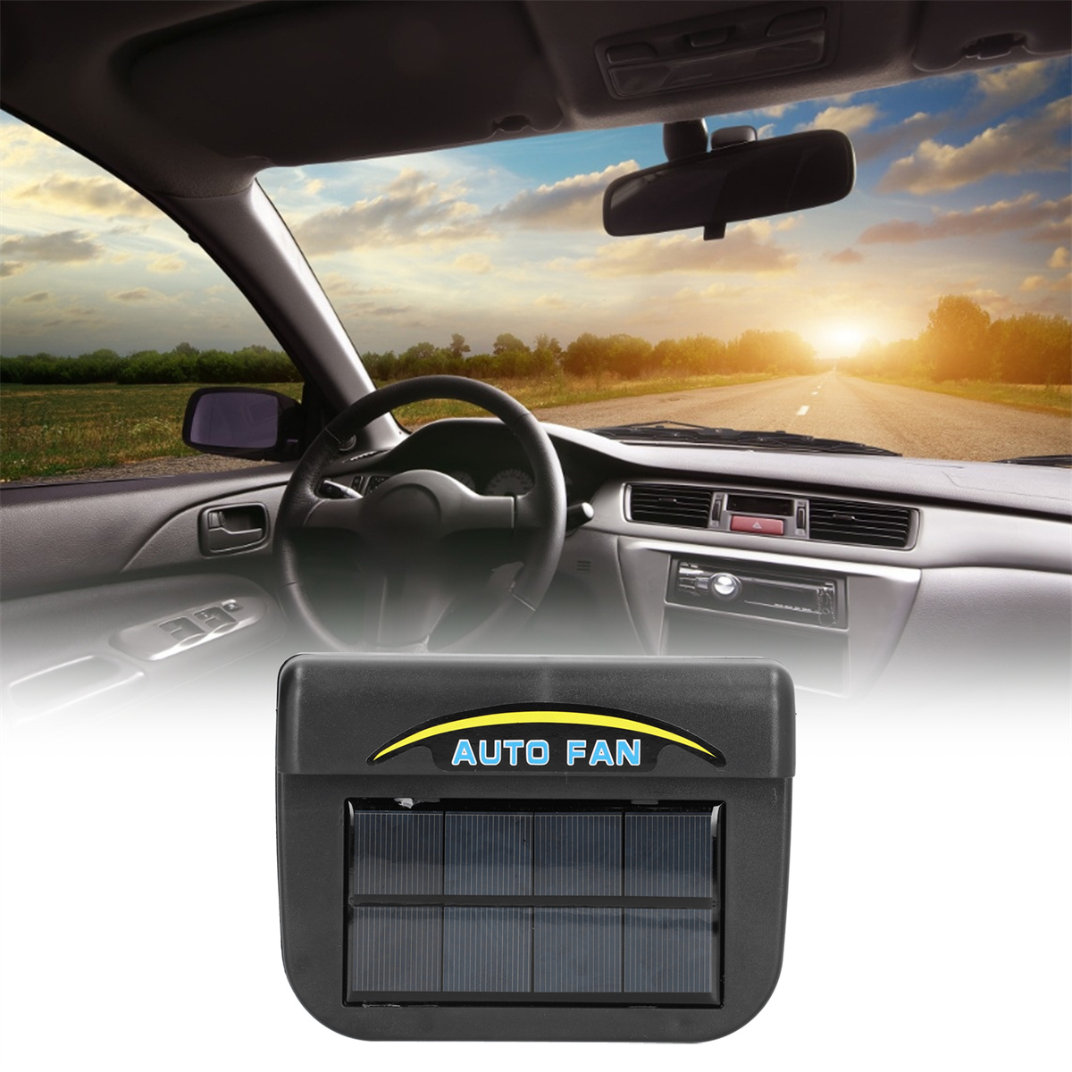 In einem Auto wird ein Solarventilator mit einem Solarpanel angezeigt. Das Auto hat ein Lenkrad und einen Spiegel.