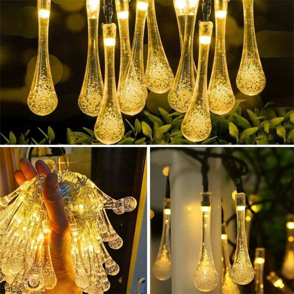 Lichterkette mit tropfenförmigen Glühbirnen, beleuchtet und von einer Hand gehalten.