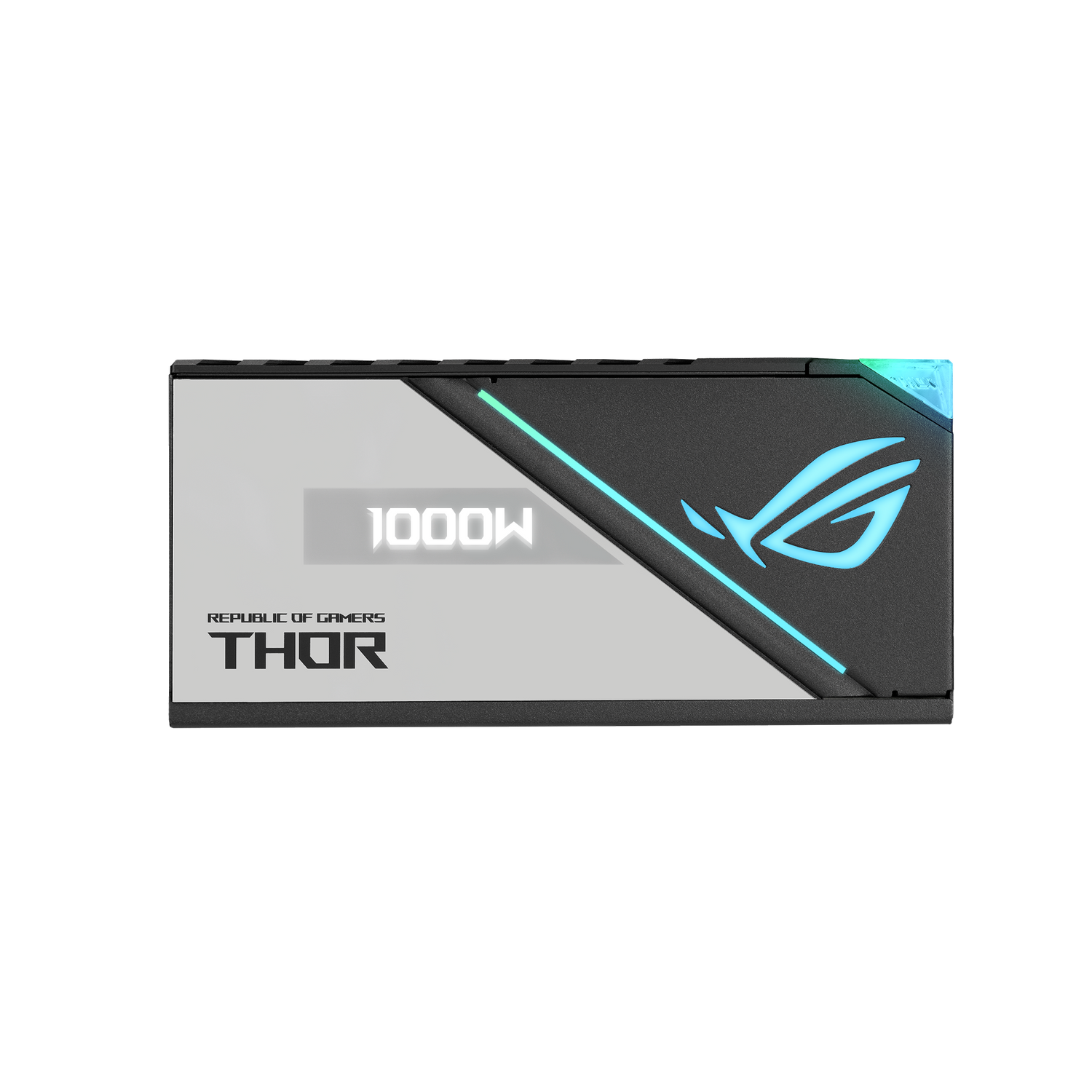 Un alimentatore nero e grigio con il logo ROG e il testo '1000W'.