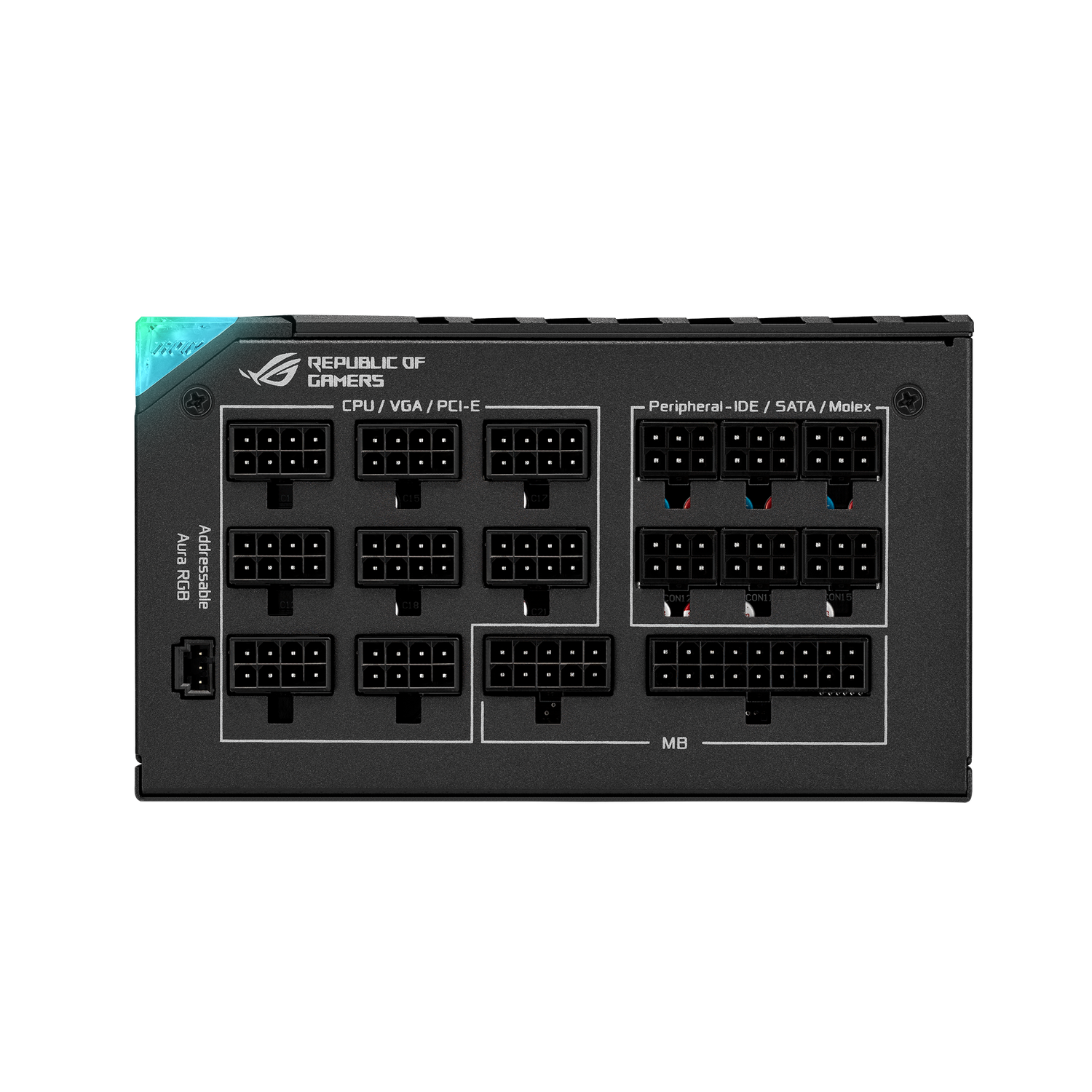 Alimentatore per computer nero con porte. Testi come CPU, VGA e Periferica sono visibili.