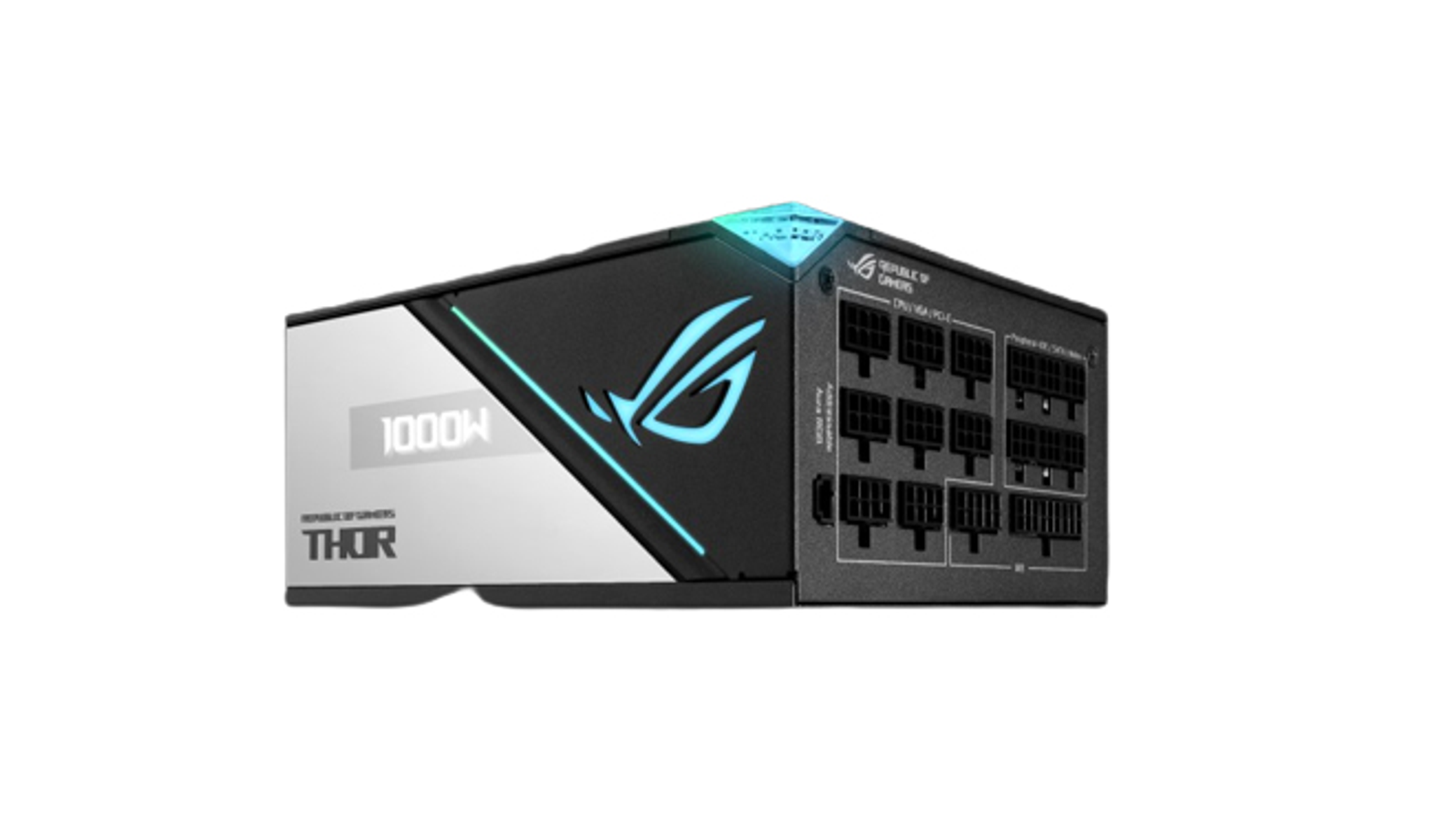 Un alimentatore nero e argento con il logo ROG, sfondo bianco, etichetta 1000W.