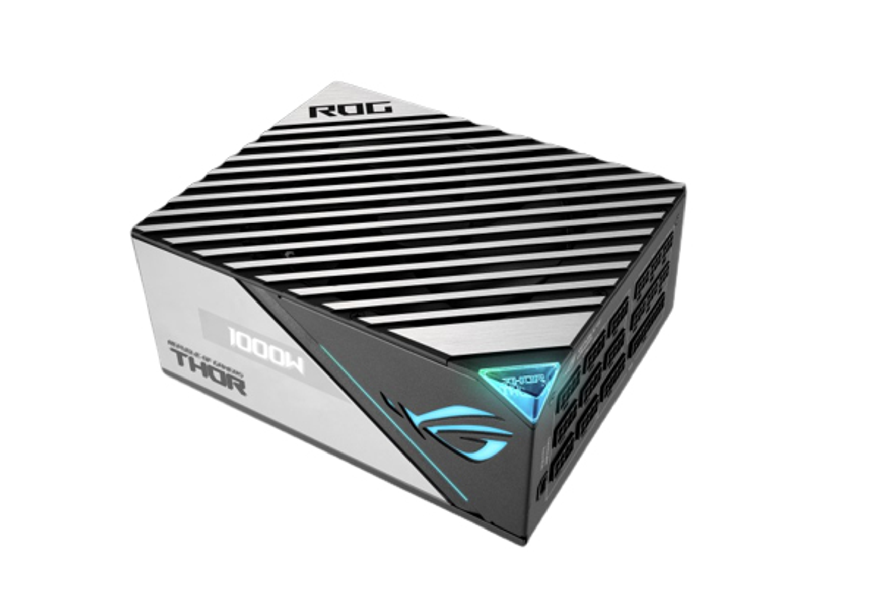 Un alimentatore per computer nero e argento con logo ROG. Vista angolata.