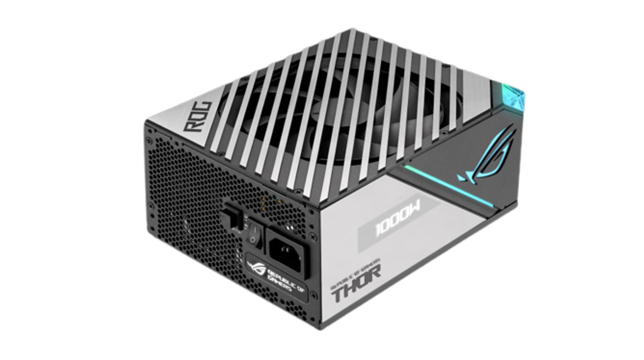 Un alimentatore per computer nero e argento, etichettato ROG THOR 1000W Platinum, su sfondo bianco.