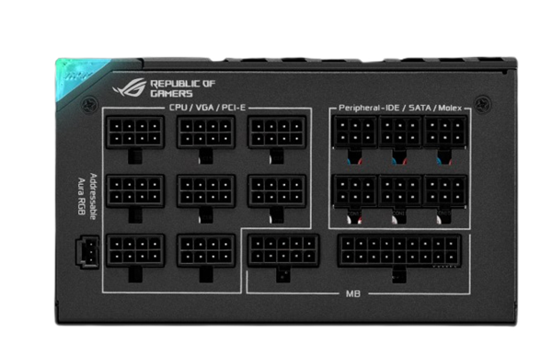 Un alimentatore per computer nero con molte porte e il logo Republic of Gamers.