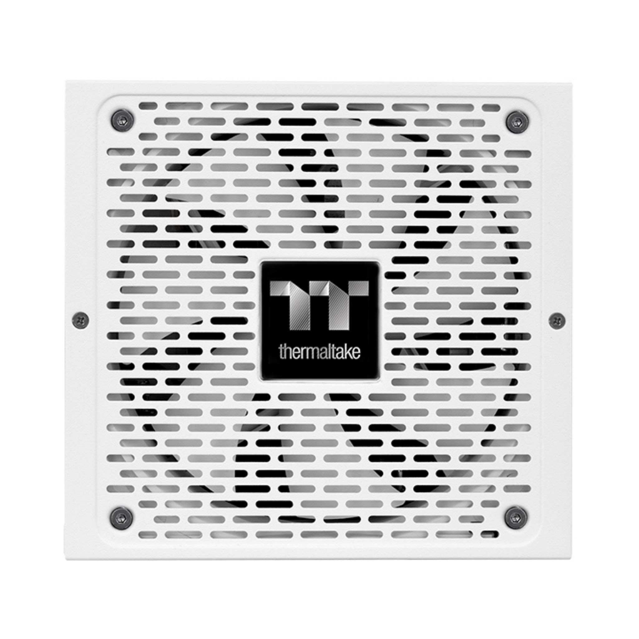 Biały zasilacz Thermaltake z siatką otworów i czarnym logo na środku.