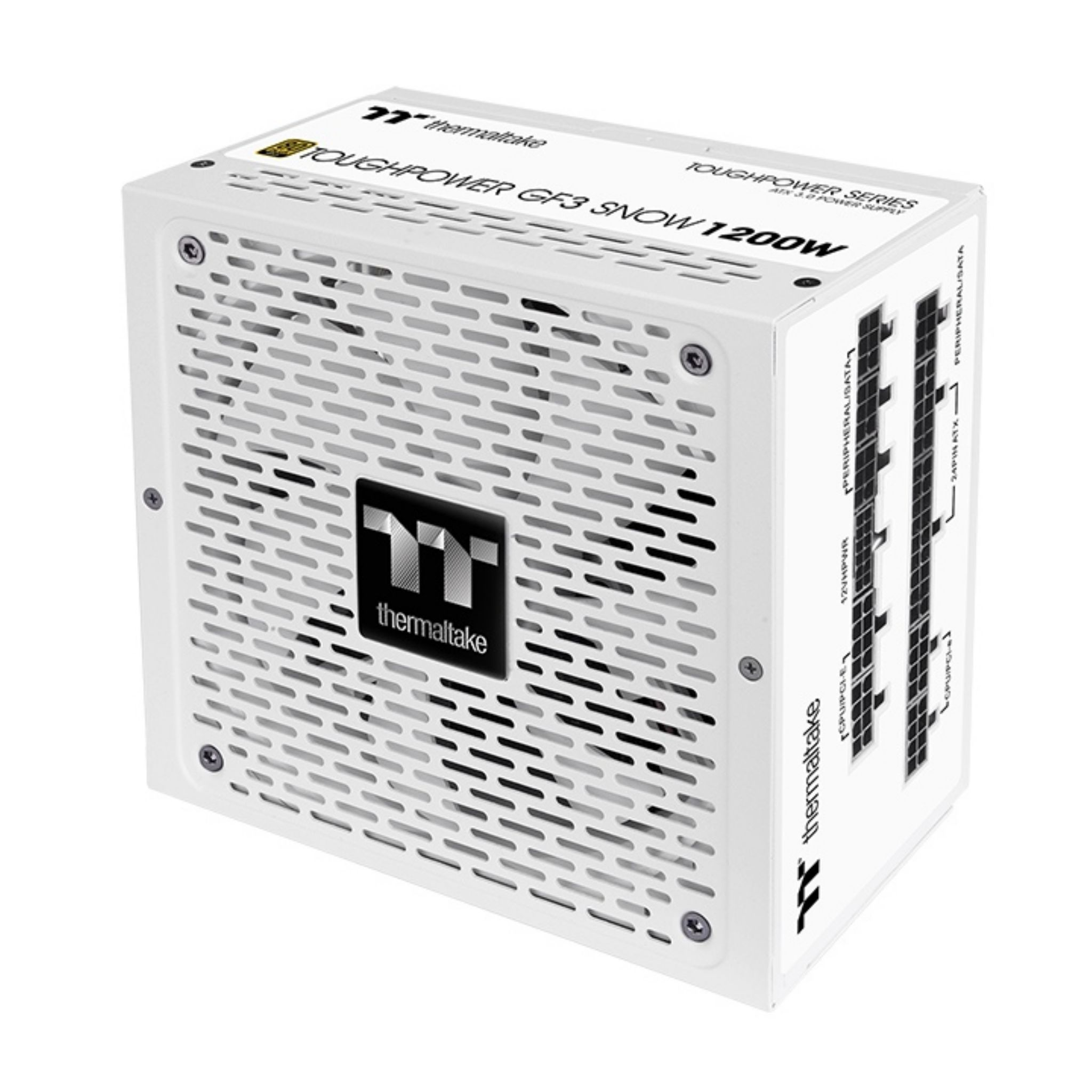 Biały zasilacz Thermaltake Toughpower GF3 Snow 1200W. Ma perforowany panel przedni i porty.