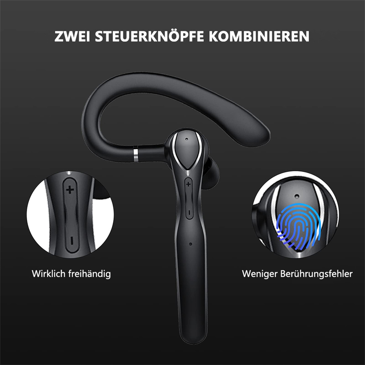 Schwarzes drahtloses Headset mit Touch-Bedienelementen. Nahaufnahme von Tasten und einem Fingerabdrucksymbol.