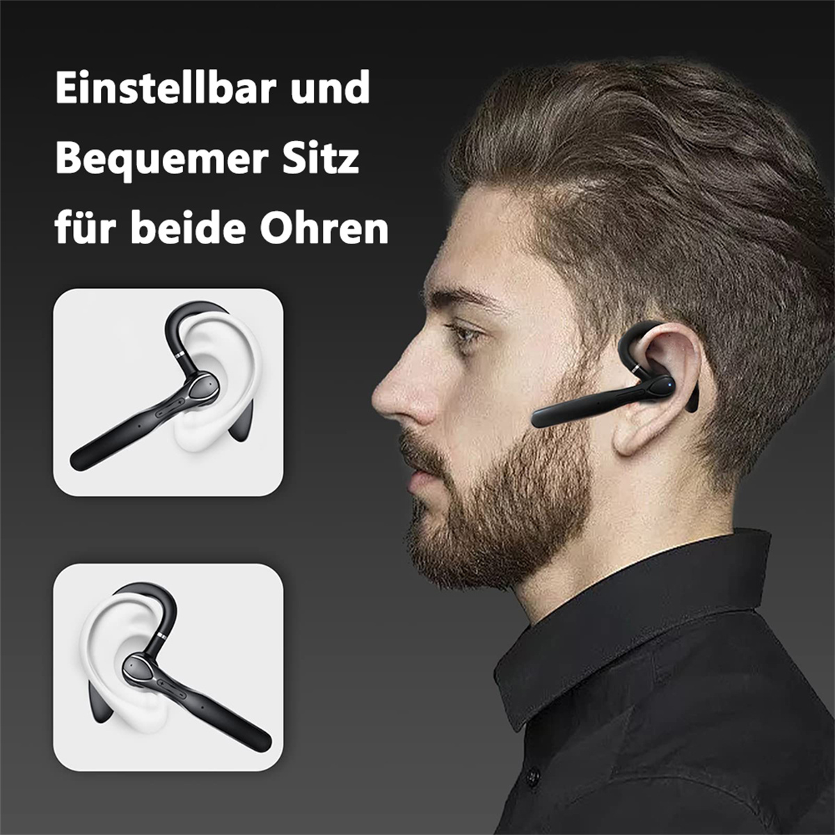Mann mit schwarzem Bluetooth-Headset, Seitenprofil, mit Ohrdiagrammen.