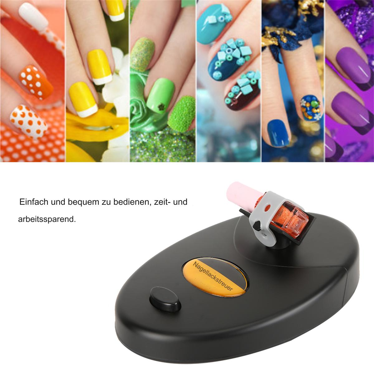 Nagellack-Applikator mit schwarzer Basis und verschiedenen Nagelkunst-Beispielen darüber.
