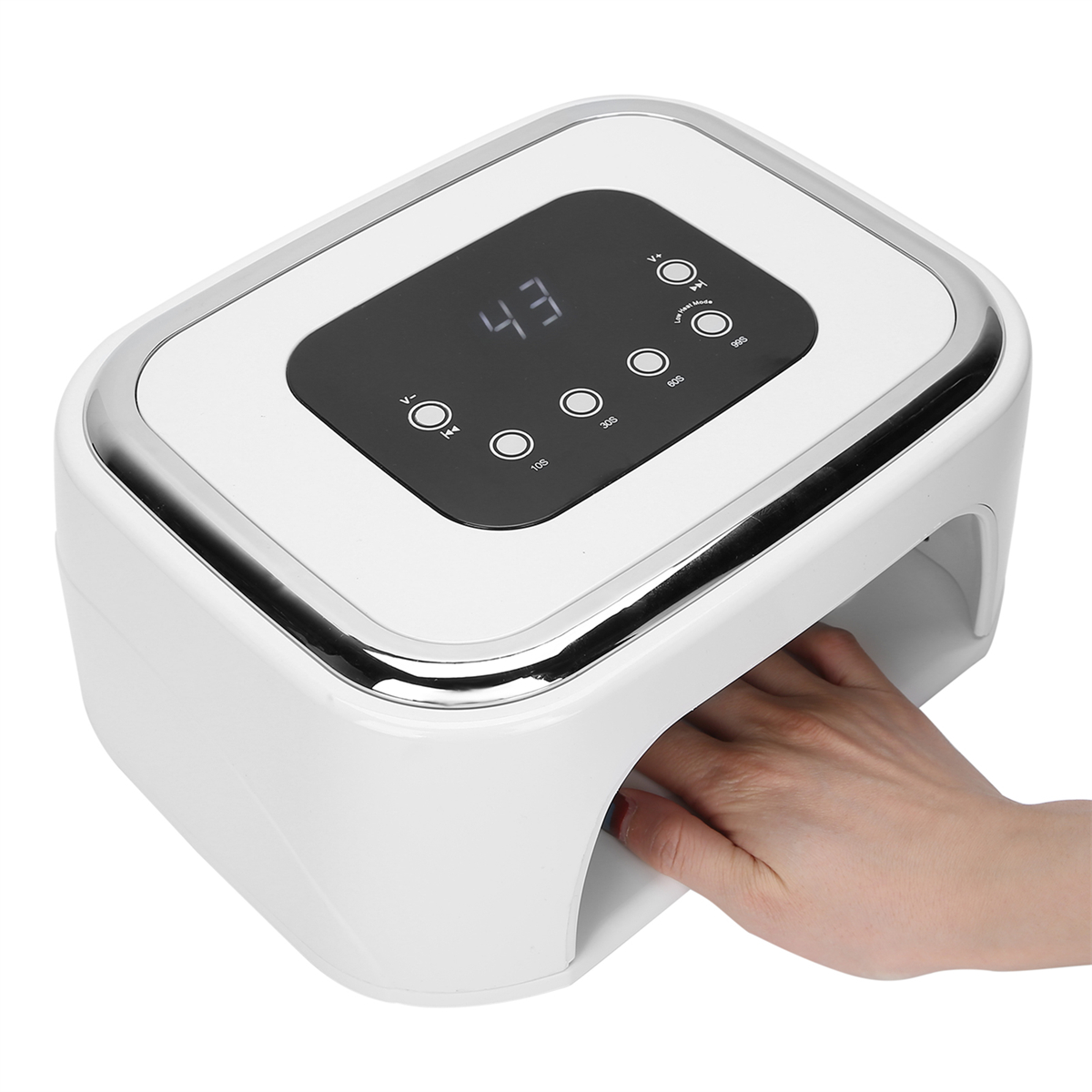 Ein weißes Nagel-Aushärtungsgerät mit einer Hand darin, das eine digitale Anzeige von 43 Sekunden zeigt.