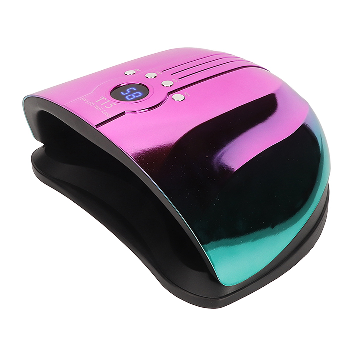 Eine pinke und türkisfarbene UV-Nagellampe mit Digitalanzeige.