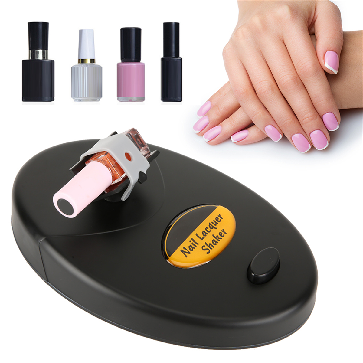 Schwarzer Nagellackschüttler mit Nagellackflaschen und einer Hand mit rosa lackierten Nägeln.