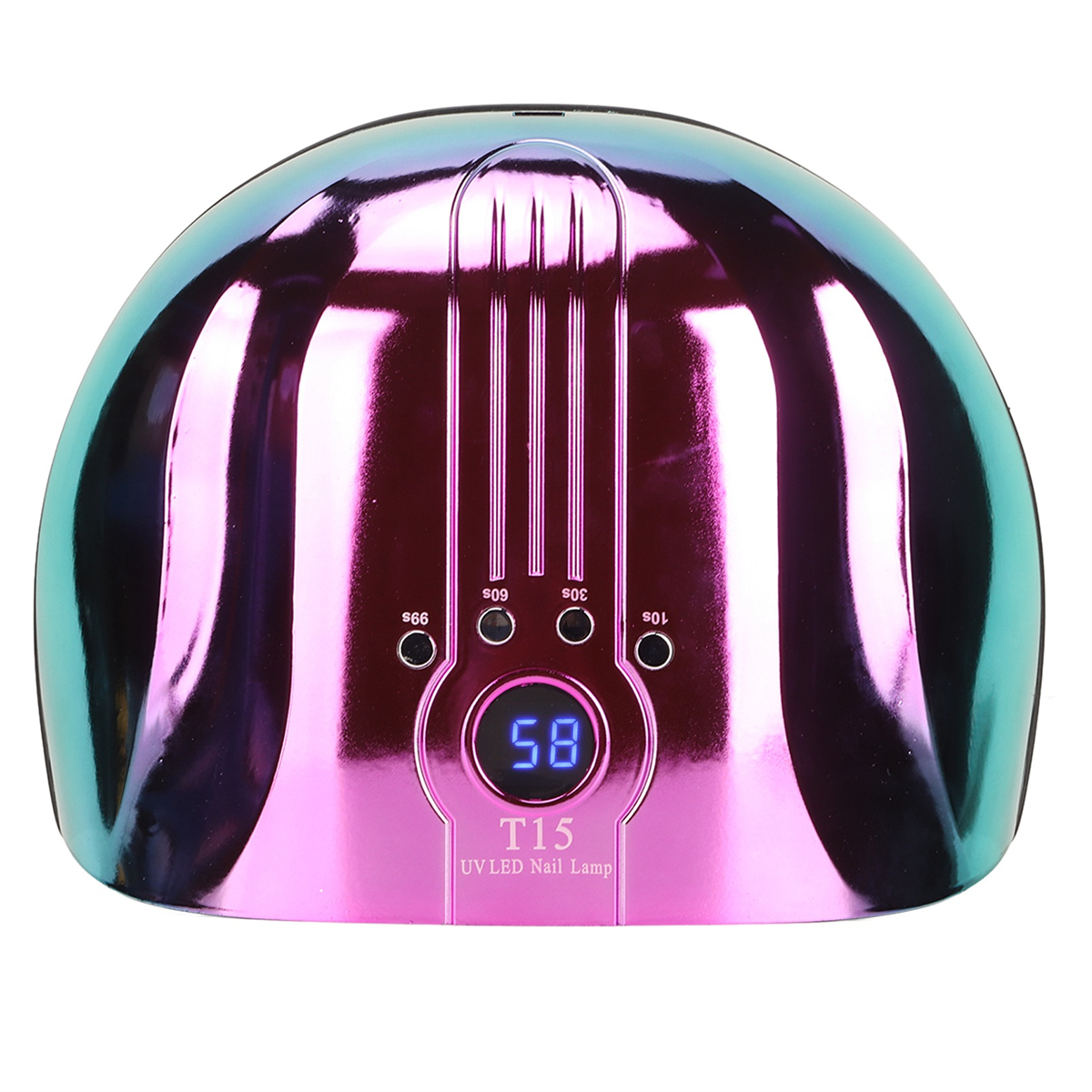 Eine glänzende, irisierende violette UV-LED-Nagellampe mit Digitalanzeige, Knöpfen und einer gewölbten Oberseite.