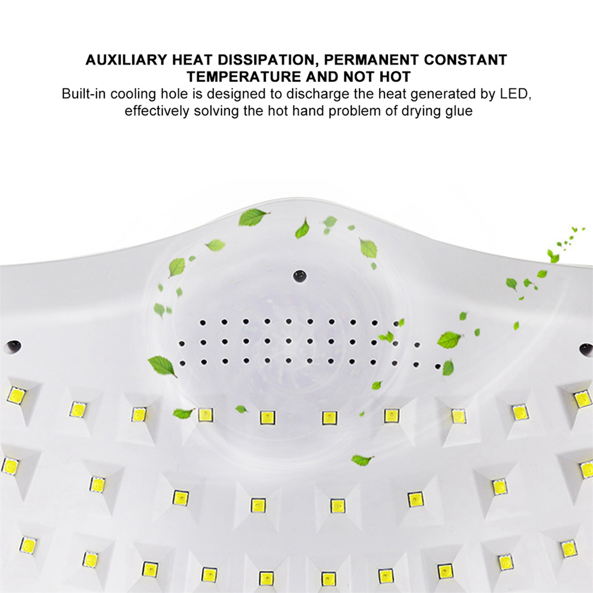 Nahaufnahme eines weißen Geräts mit gelben LEDs und grüner Blättergrafik.