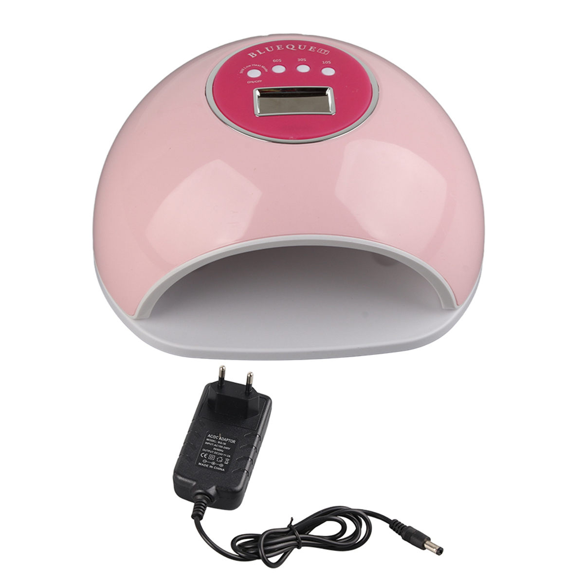 Ein rosa Nageltrockner mit Digitalanzeige und einem schwarzen Netzteil darunter.