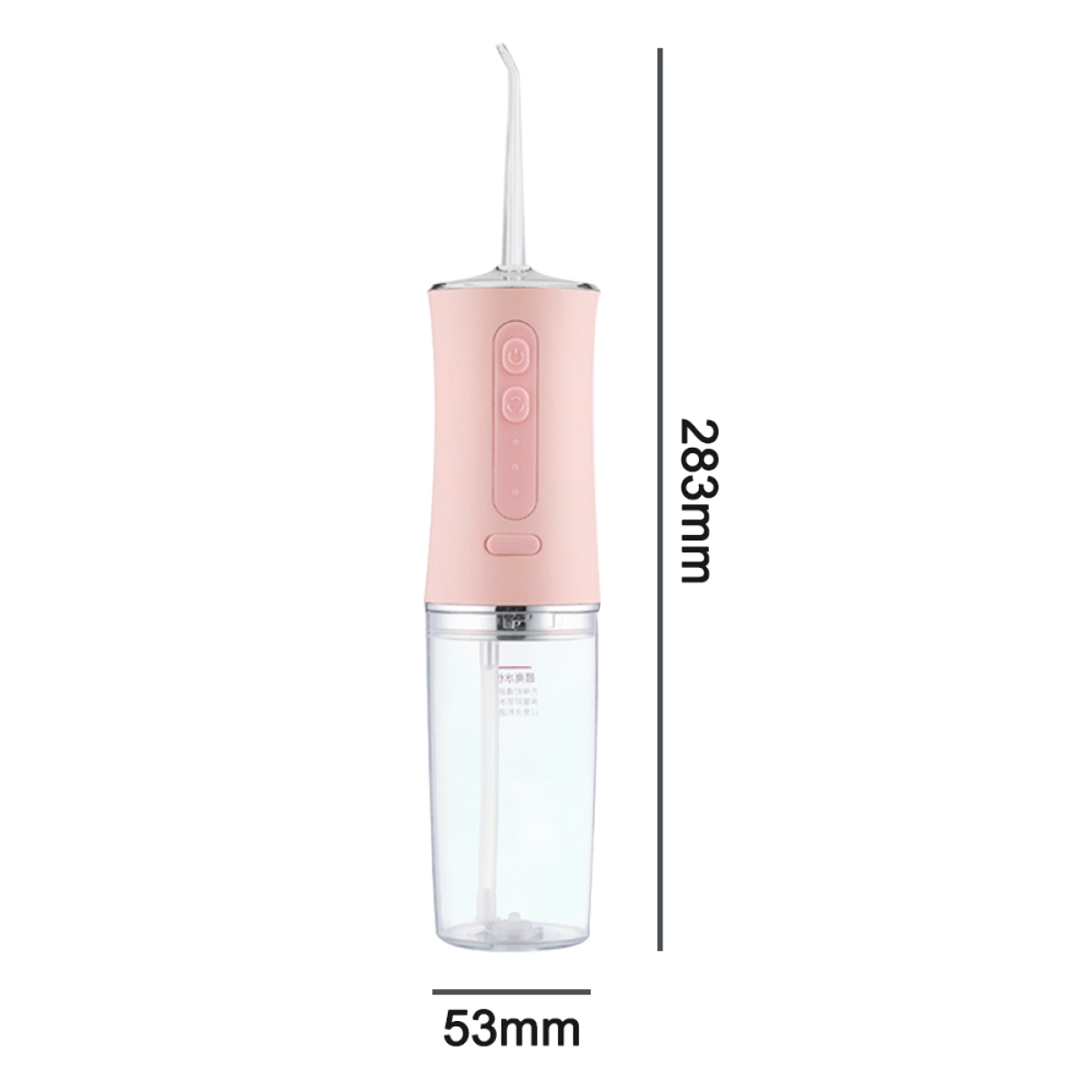 Rosa und klarer Wasserflosser mit beschrifteten Abmessungen.