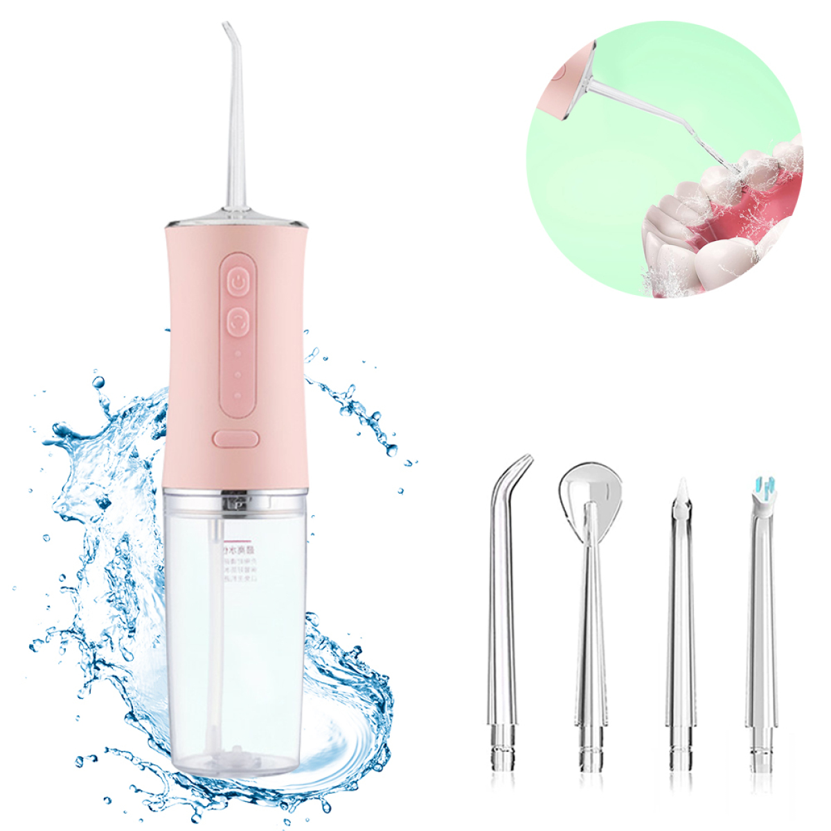 Ein pinkfarbener und weißer Wasserflosser mit verschiedenen Aufsätzen. Wasser spritzt aus dem Flosser im Bild.