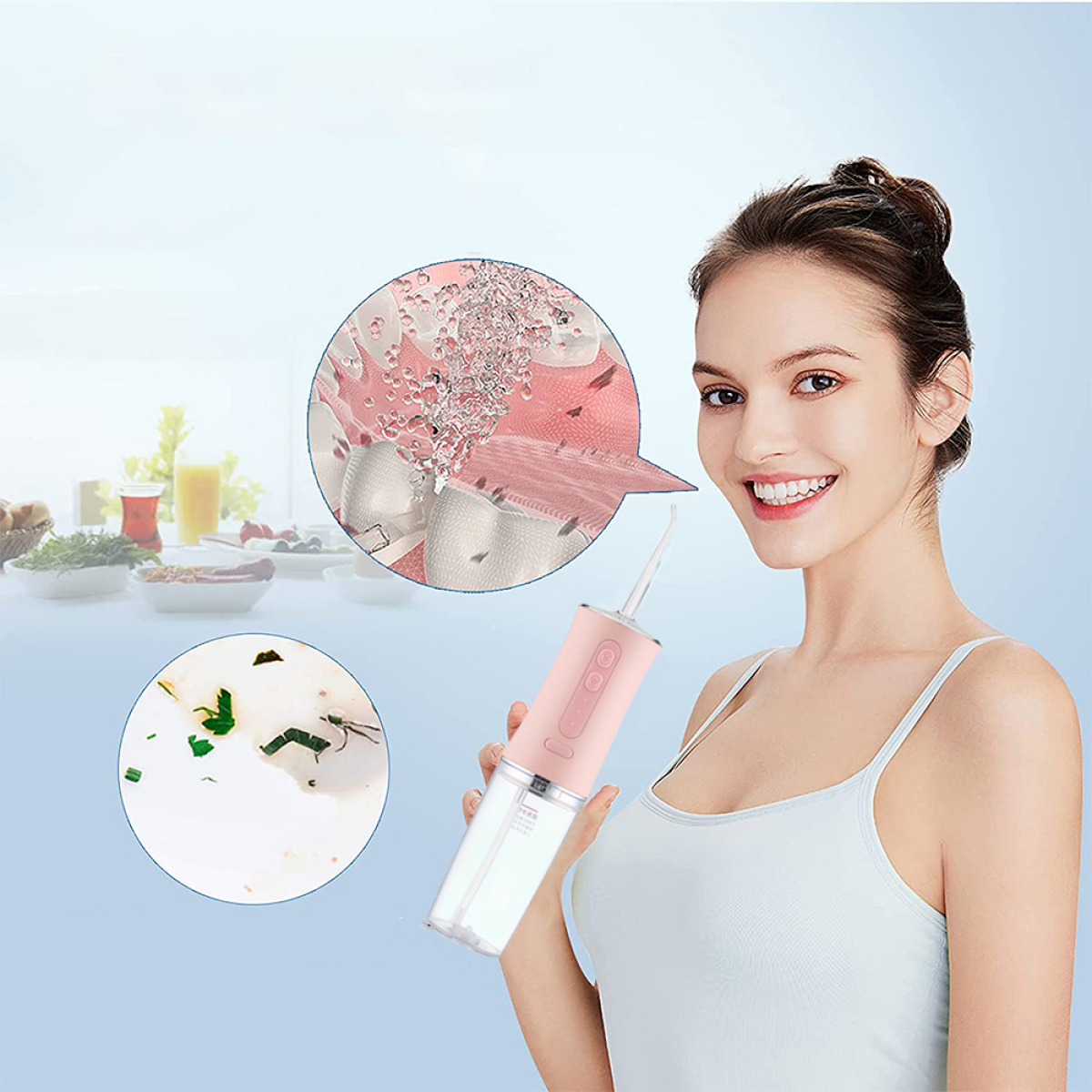 Frau hält einen rosa Wasser-Flosser. Nahaufnahme der Zahnreinigung. Saubere Zähne und Essensreste.