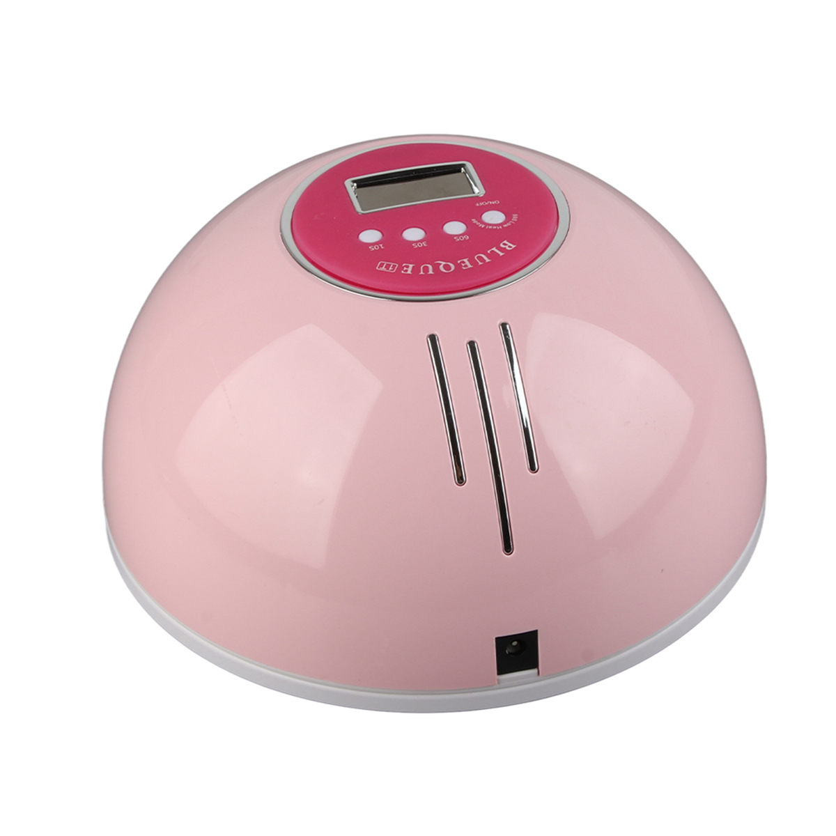 Eine rosa Nagelhärtungslampe mit Digitalanzeige und mehreren Knöpfen. Die Oberfläche ist glänzend und steht auf einer weißen Oberfläche.