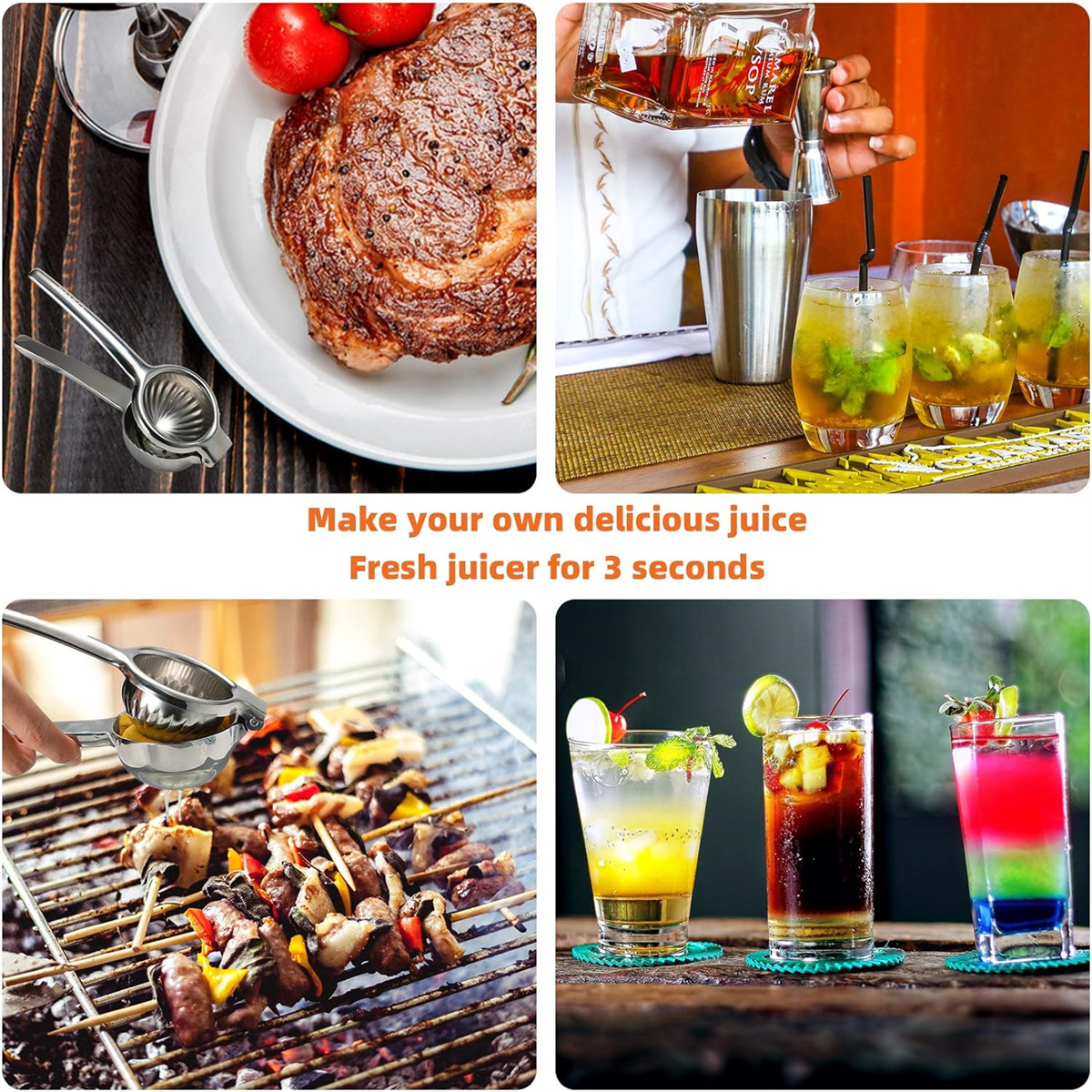 Vier Bilder: Steak, Entsafter, Grill mit Fleisch und Cocktails.