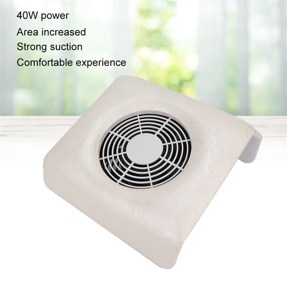 Ein beiger Nageldust-Absauger mit einem Ventilator und einer Entlüftung, mit dem Text „40W power“ darauf.