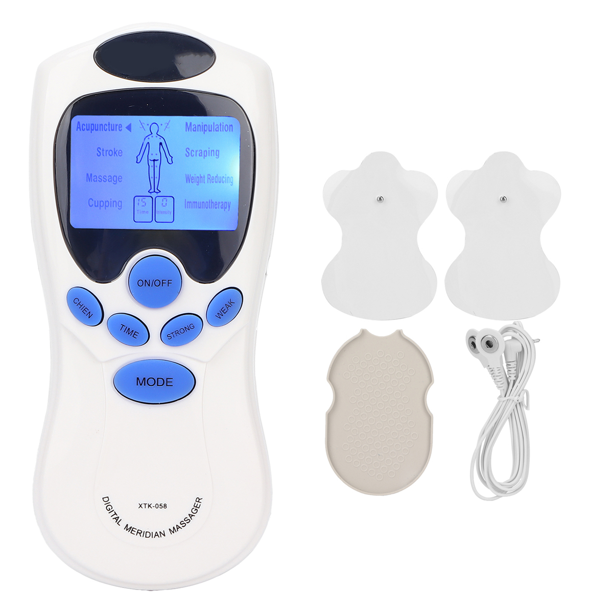 Ein weißes digitales Meridianmassagegerät mit Display, Pads und Kabel.