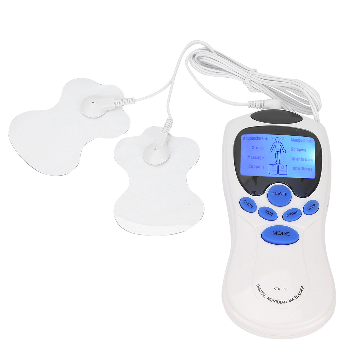 Ein elektronisches Meridian-Massagegerät mit zwei Pads und einem Display, das verschiedene Massageoptionen anzeigt.