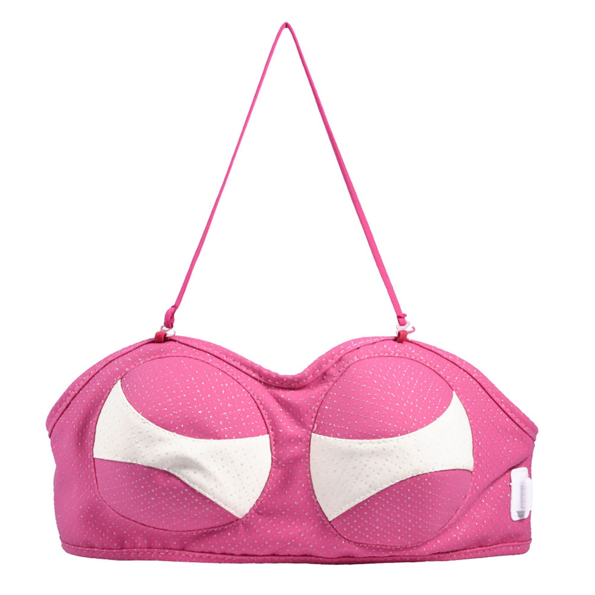 Rosa bh-förmige Geldbörse mit weißen Akzenten und einem Träger. Sie hat eine kleine Tasche und einen Reißverschluss.
