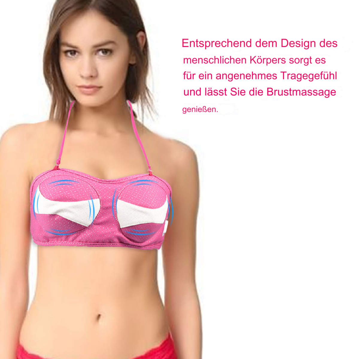 Eine Frau, die einen rosa BH mit weißen Cups trägt, vor einem weißen Hintergrund.