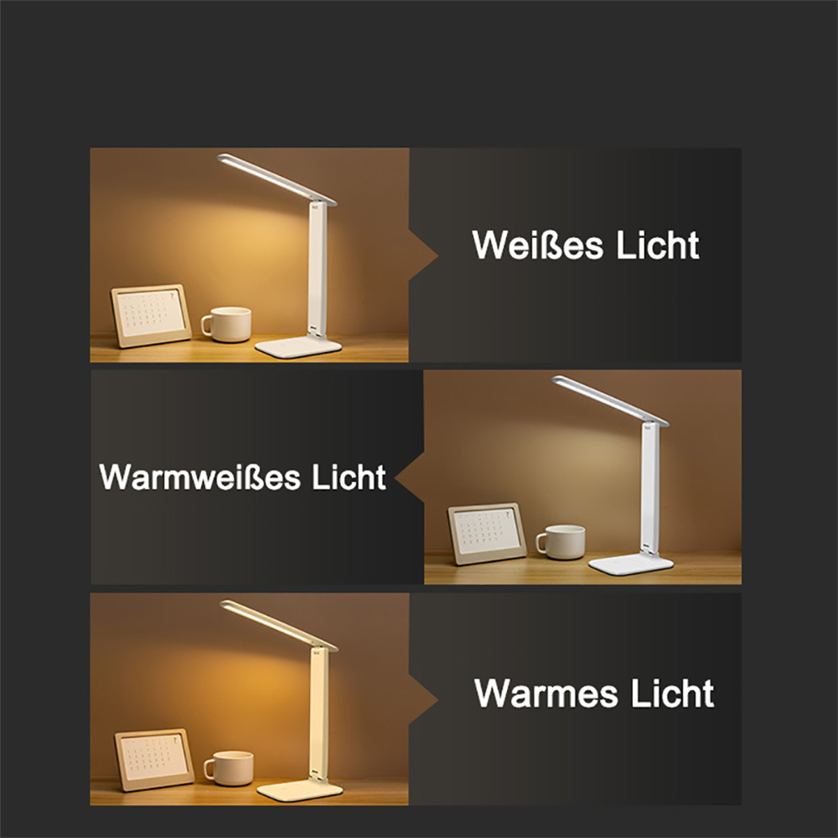 Drei Bilder einer weißen Schreibtischlampe mit verschiedenen Lichteinstellungen: weiß, warmweiß und warmes Licht.