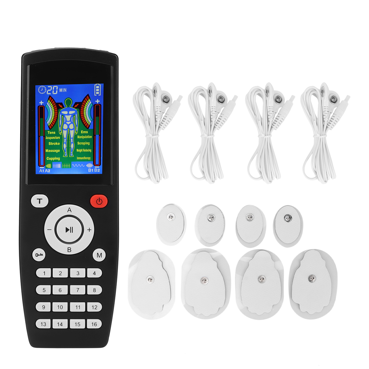 Schwarzes elektronisches Muskelstimulationsgerät mit Pads, Kabeln und Fernbedienung.