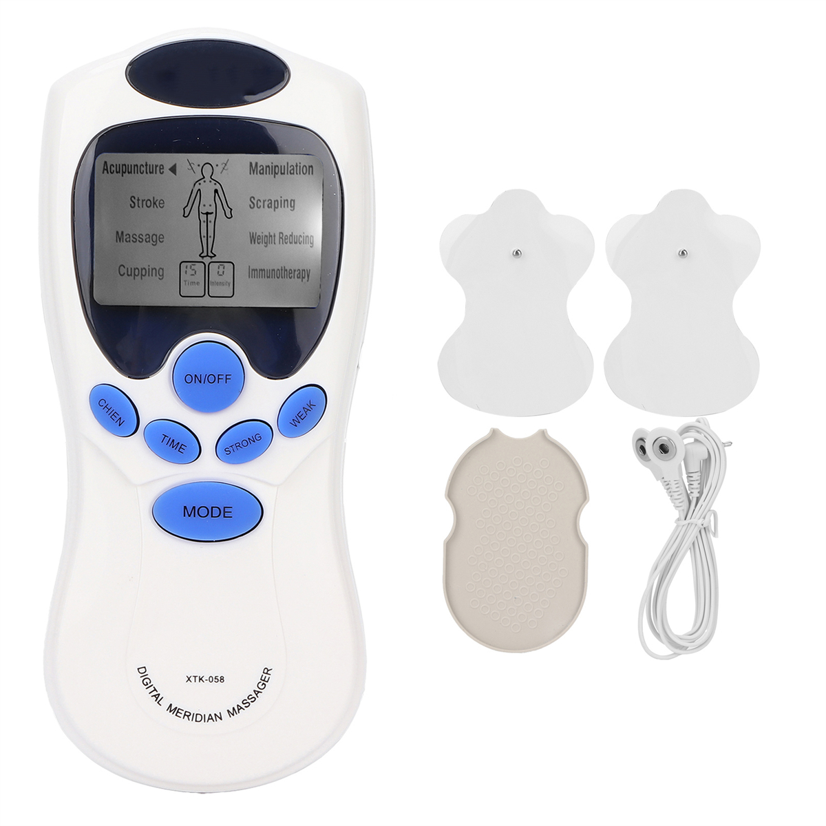 Weißes digitales Meridian-Massagegerät. Zeigt Akupunktur, Schröpfen und andere Massageoptionen, Zubehör in der Nähe.