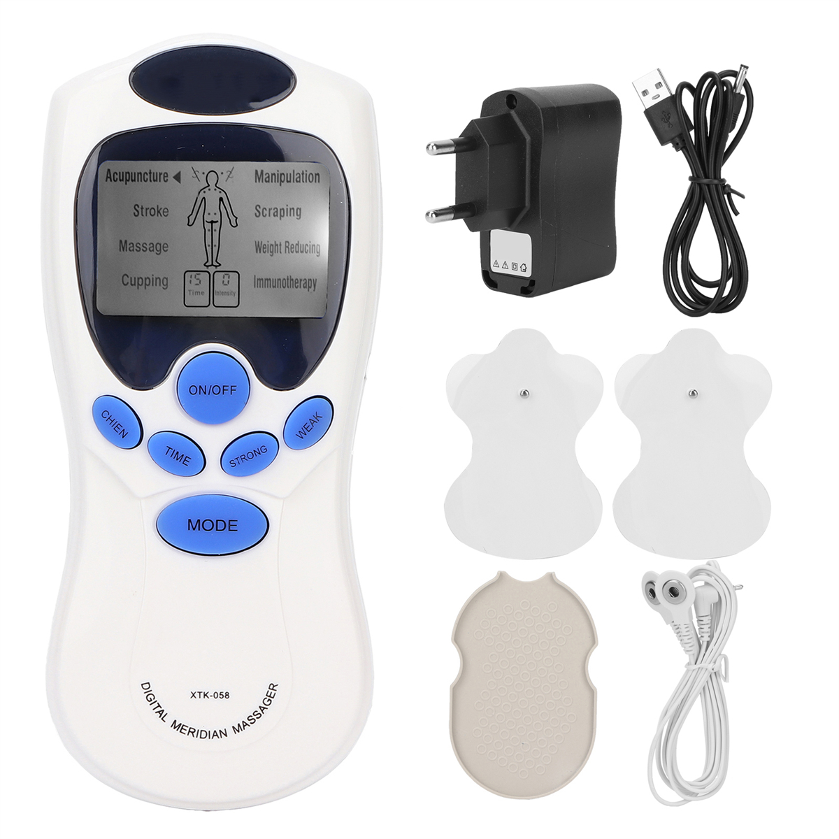 Ein weißes digitales Meridianmassagegerät mit Zubehör wie Pads, Ladegerät und Kabeln.