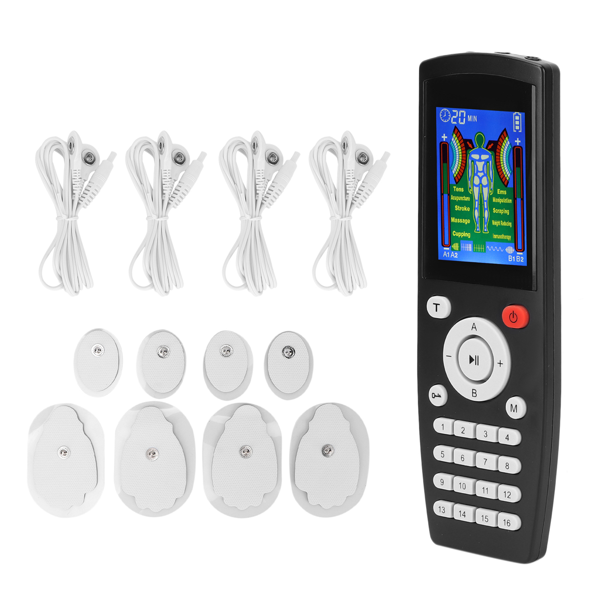 Schwarzes elektronisches Muskelstimulationsgerät mit Pads und Kabeln. Zeigt eine Körperkarte. Weißer Hintergrund.