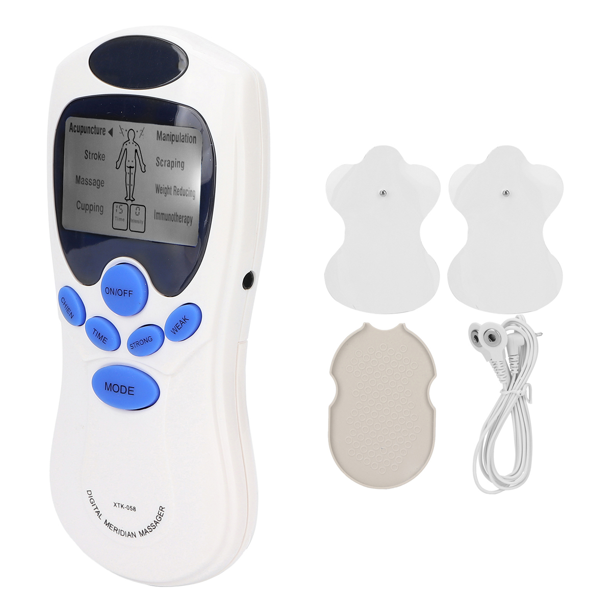 Ein weißes Meridian-Massagegerät mit Bildschirm, Knöpfen und Pads, plus Kopfhörern und Kabel.