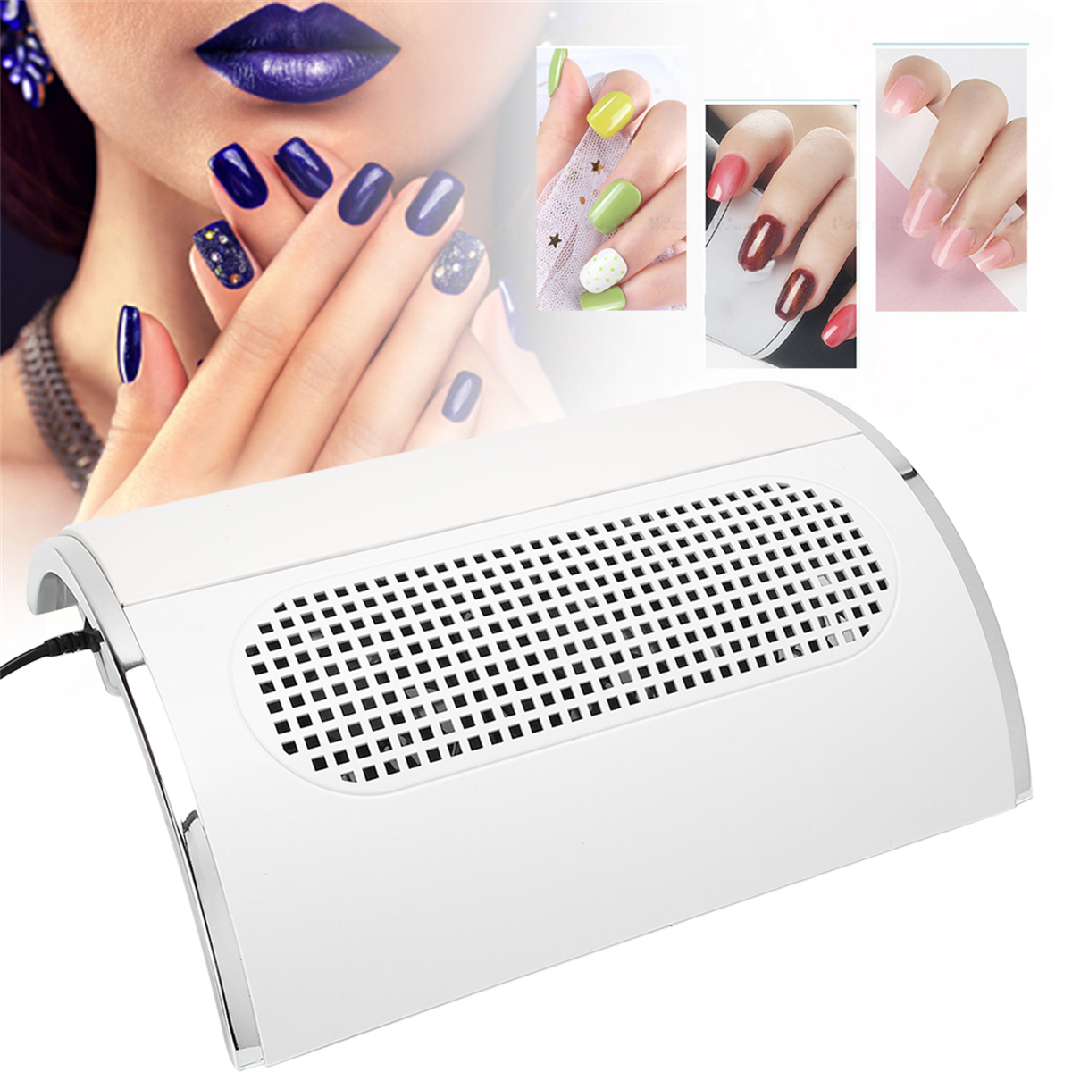 Nagelstaubabsaugmaschine mit Nagelkunstproben. Weißer Hintergrund.