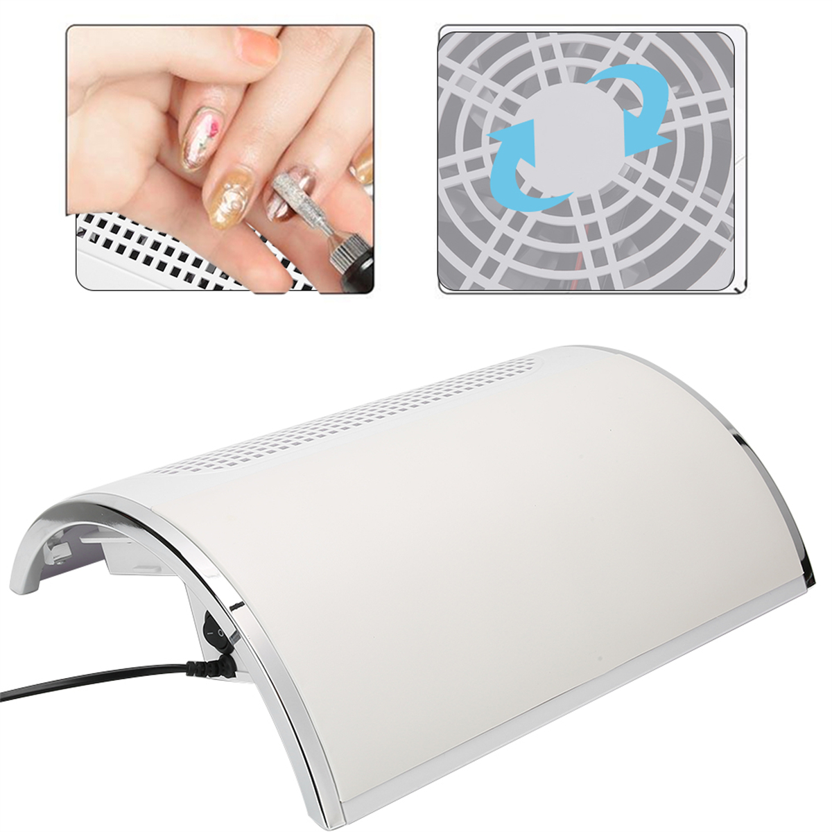 Weiße Nagelstaubabsaugmaschine. Sie hat ein geschwungenes Design mit sichtbarem Ventilator.