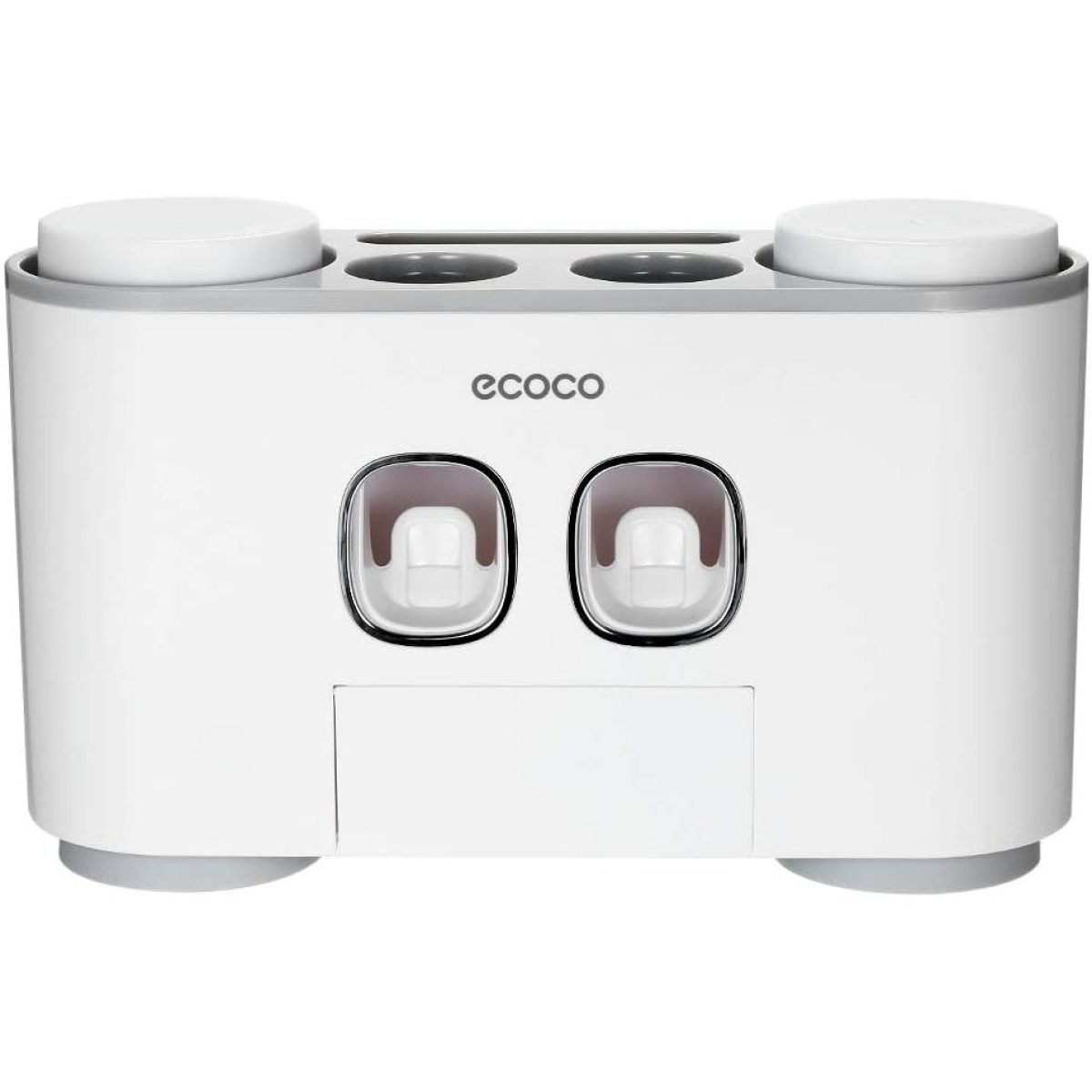 Weißer Zahnbürstenhalter mit Ecoco-Logo und zwei Zahnpender. Es hat zwei Becherhalter.