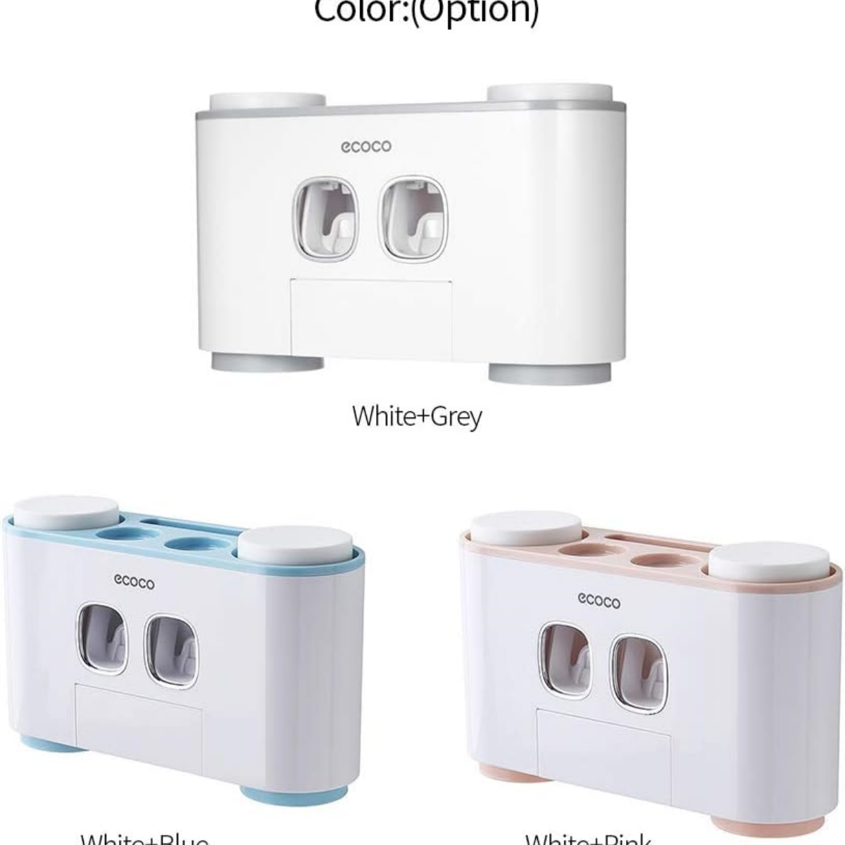 Zahncremespender in Weiß und Grau, Weiß und Blau sowie Weiß und Rosa.